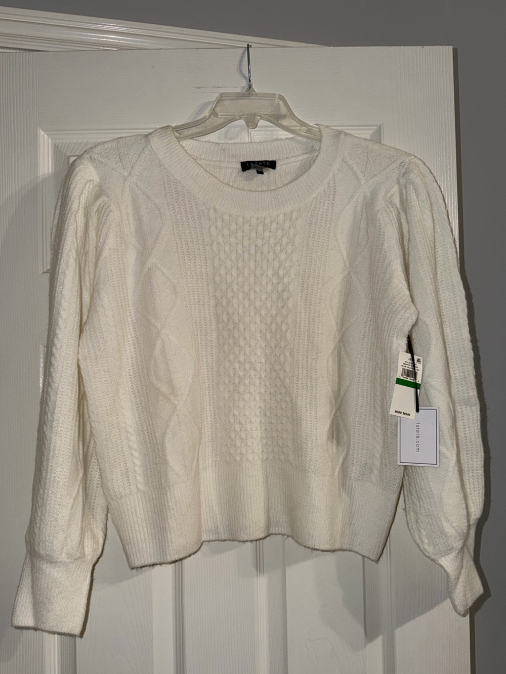 NWT 1 State Cable Knit Crewneck Sweater - Cream Size L MSRP $89